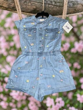 Falls Creek Light Blue Chambray Floral Embroidered Girls' Romper (M 7/8) NEW